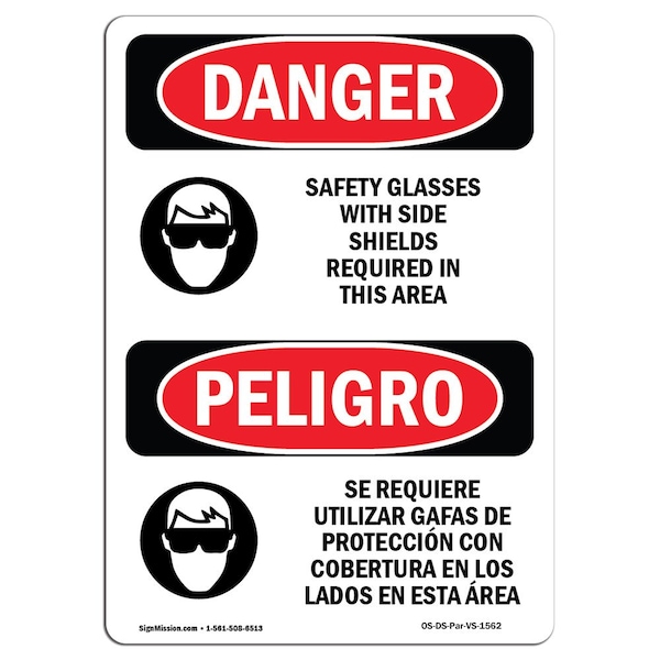 OSHA Sign, Glasses W/ Side Shields Bilingual, 18in X 12in Rigid Plastic, 12" W, 18" H, Spanish